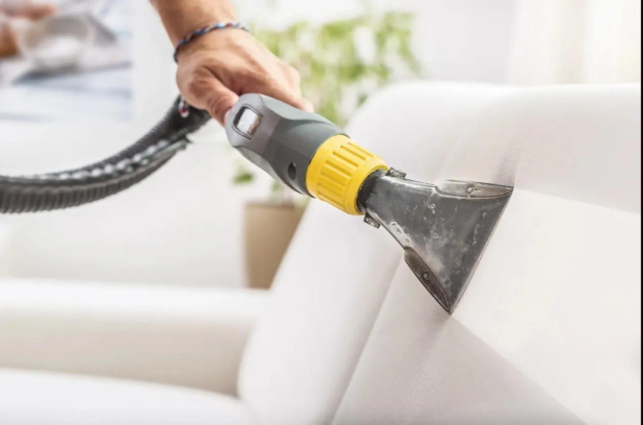 An upholstery extraction tool deep-cleaning a white sofa cushion
